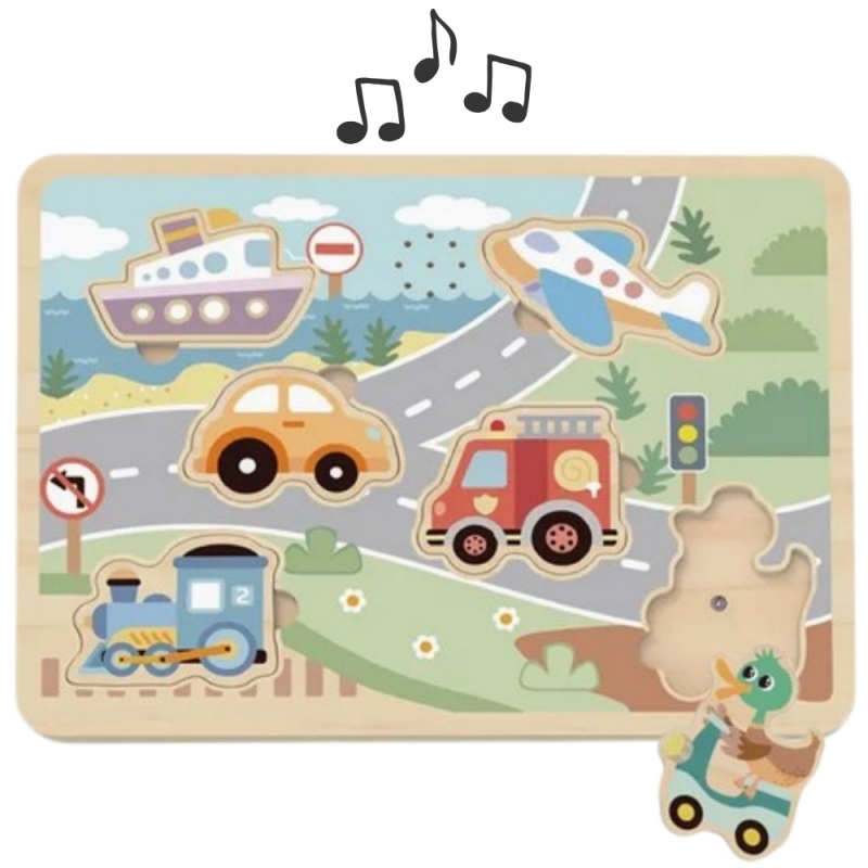 tooky-toy-drewniane-interaktywne-puzzle-pojazdy Garsinė dėlione Transportas TL064N - Image 1