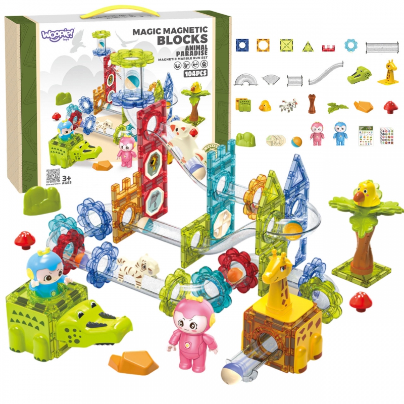 woopie-klocki-magnetyczne-tor-kulkowy-zwierzecy-raj-104-el Magnetinis konstruktorius 104 vnt. 50452 - Image 1