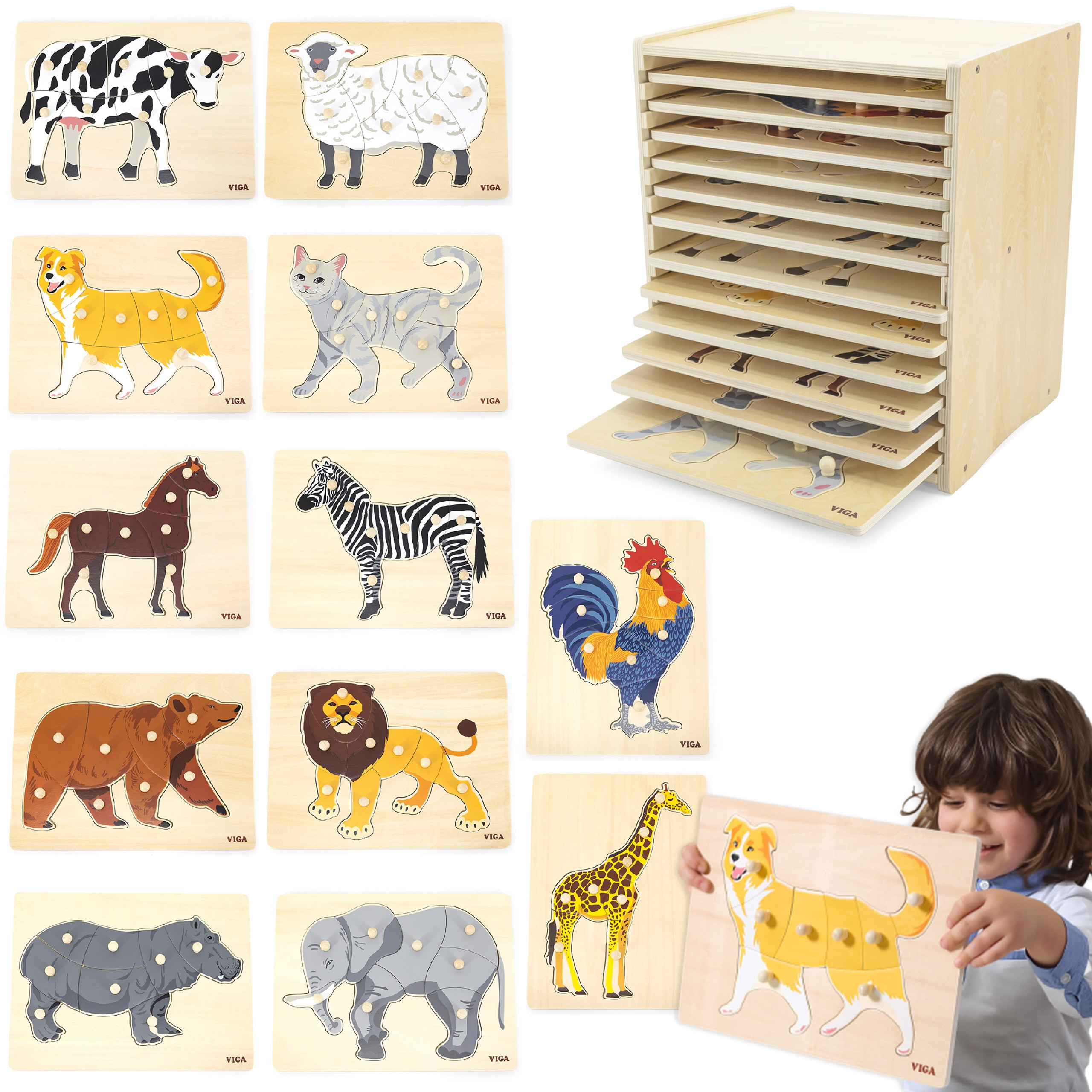 viga-wooden-puzzle-set-12-montessori-animal-puzzles-stand-main Medinis dėlionių rinkinys 12 Montessori Gyvūnų Dėlionių + Stovas 44613 - Image 1